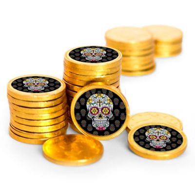 84 Pcs Day of the Dead Candy Party Favors Chocolate Coins - Gold Foil - D&#237;a de los Muertos Image 1