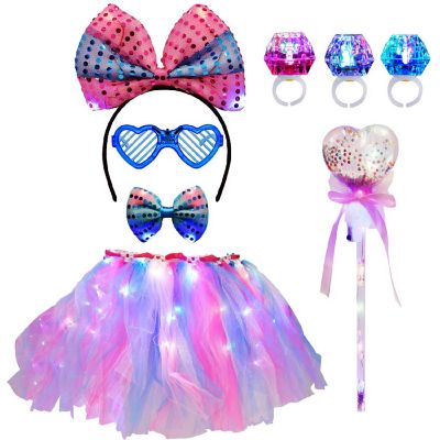 8PCS Fairy Princess Costume Set with LED Tutu Skirt, Ribbon & Wand for Girls Pretend Play Costume Image 1