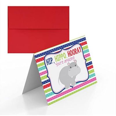 AmandaCreation Hip Hippo Hooray Greeting Card 2pc. Image 1