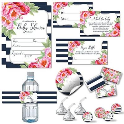 AmandaCreation Pink Peony and Navy Stripe Party Bundle 381pc. Image 1