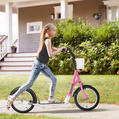 Aosom Kick Scooter w/Double Brakes Basket Cupholder 5-12yr Pink Image 1
