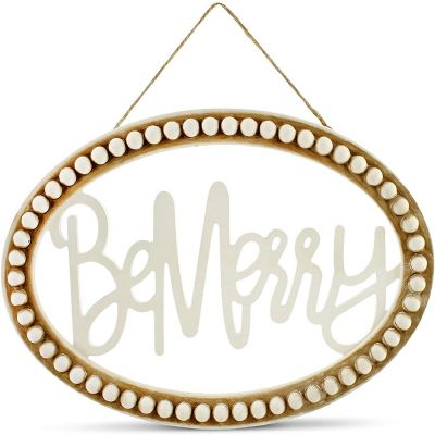 AuldHome Beaded Wooden Christmas Sign, "Be Merry" Oval Wood Holiday Decor Hanging Sign Image 1