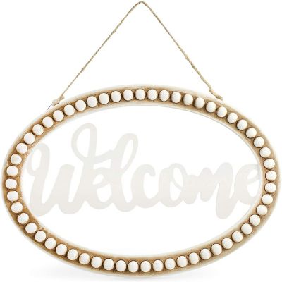 AuldHome Beaded Wooden Welcome Sign, Oval Wood Rustic Farmhouse Wall Decor Plaque, 13 x 9 Inches Image 1