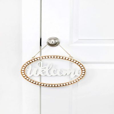 AuldHome Beaded Wooden Welcome Sign, Oval Wood Rustic Farmhouse Wall Decor Plaque, 13 x 9 Inches Image 2