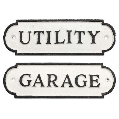 AuldHome Cast Iron Garage / Utility Signs (Set of 2); Black and White Rustic Room Signs Image 1