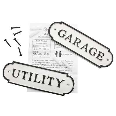 AuldHome Cast Iron Garage / Utility Signs (Set of 2); Black and White Rustic Room Signs Image 1