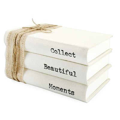 AuldHome Design Faux Book Stack: Collect Beautiful Moments Decorative Book Set with Burlap Ribbon Wrap Image 1