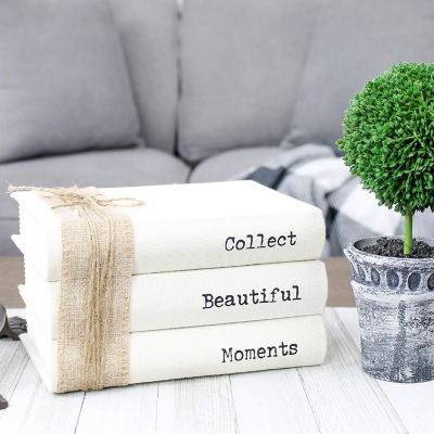 AuldHome Design Faux Book Stack: Collect Beautiful Moments Decorative Book Set with Burlap Ribbon Wrap Image 1