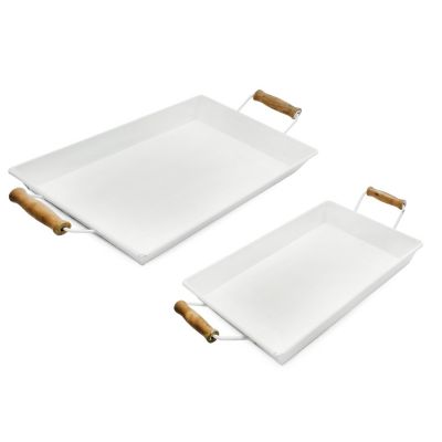 AuldHome Enamelware Rustic Trays (Set of 2, Small & Medium, White); Farmhouse Decor Rectangular Trays with Handles Image 1