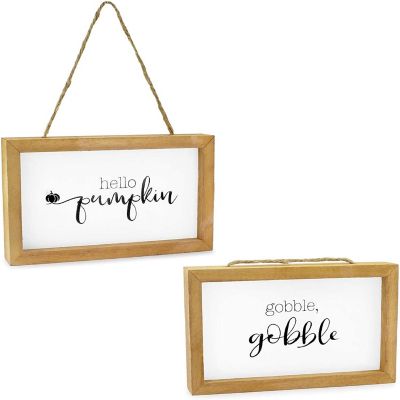AuldHome Farmhouse Decor Fall Theme Wood Signs (Set of 2); Door Hanger Welcome Harvest Thanksgiving Autumn Seasonal Plaques 8.5 x 5 inches Image 1