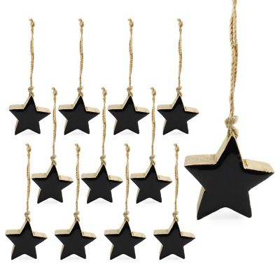 AuldHome Farmhouse Star Ornaments (Black, 12-Pack); Wood with Colored Enamel 2-Inch Mini Star Christmas Decorations, Retro Vintage Enamelware Style Image 1