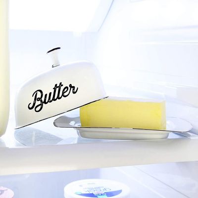 AuldHome Farmhouse White Butter Dish, Vintage Style Enamelware Butter Dish with Cover Image 1
