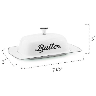 AuldHome Farmhouse White Butter Dish, Vintage Style Enamelware Butter Dish with Cover Image 3
