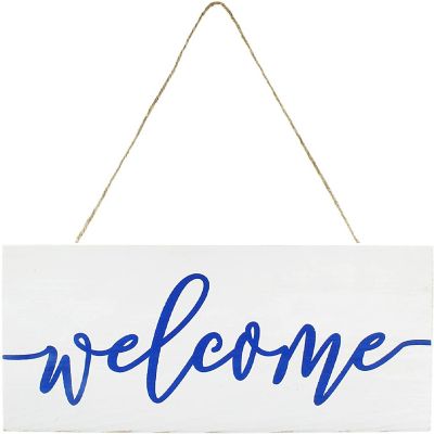 AuldHome Farmhouse Wooden Welcome Sign, White and Blue Rustic Style Wood Hanging Plaque, 12 x 6 Inches Image 1