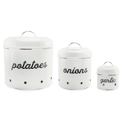 AuldHome Potatoes, Onions and Garlic Canister Set; Rustic White Enamelware Vegetable Storage Containers Image 1
