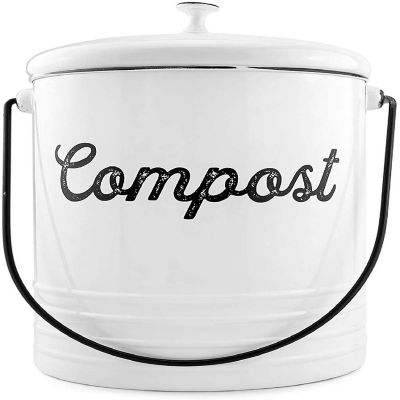 AuldHome White Enamelware Compost Bin, Farmhouse Can Set with Lid and Charcoal Filters, 1.3 Gallon Image 1