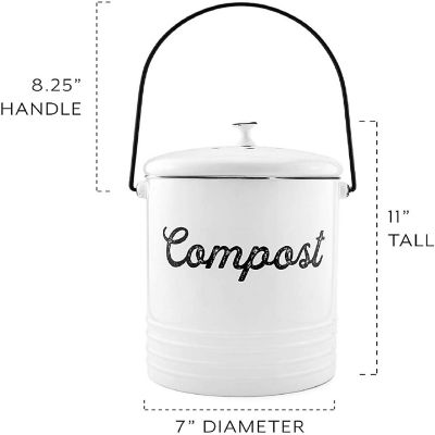 AuldHome White Enamelware Compost Bin, Farmhouse Can Set with Lid and Charcoal Filters, 1.3 Gallon Image 2