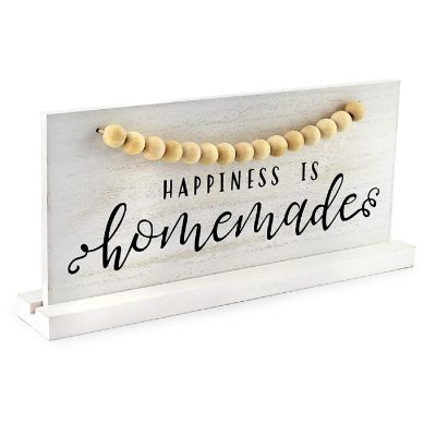 AuldHome Wood Beaded Sign, Happiness is Homemade, Table/Shelf Freestanding Rustic Farmhouse Sign, Distressed Whitewashed Style, 11.8 x 5.6 Inches Image 1