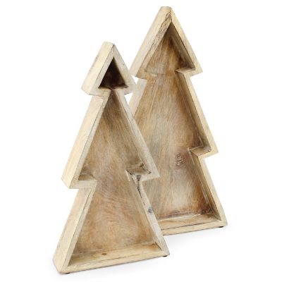 AuldHome Wooden Christmas Tree Trays (Nested Set of 2, Natural), Distressed Rustic Farmhouse Style Holiday Christmas Serving Decorative Platters Image 1