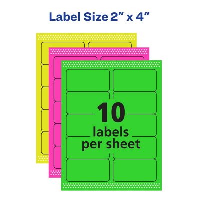 Avery 2\"x 4\" Neon Shipping Labels With Sure Feed, Neon Green Labels For Laser Printers 1 000 Neon Labels 5976