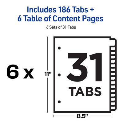 Avery Ready Index 31 Tab Dividers, Customizable TOC, 6 Sets | Oriental Trading