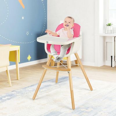 Babyjoy 3 in 1 Convertible Wooden High Chair Baby Toddler Highchair with Cushion Pink Image 1