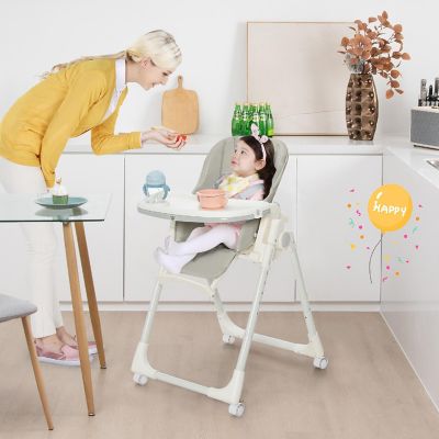 Babyjoy Foldable Baby Highchair with 360degrees Rotating Wheels & Height Adjustment Grey Image 1