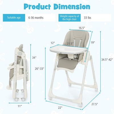 Babyjoy Foldable Baby Highchair with 360degrees Rotating Wheels & Height Adjustment Grey Image 2