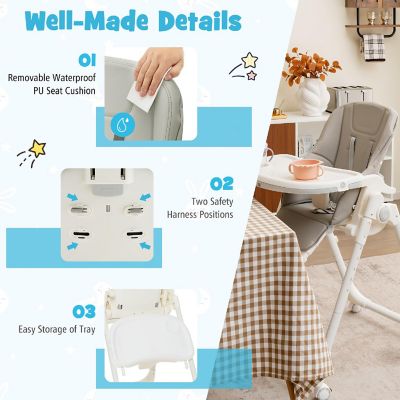 Babyjoy Foldable Baby Highchair with 360degrees Rotating Wheels & Height Adjustment Grey Image 3