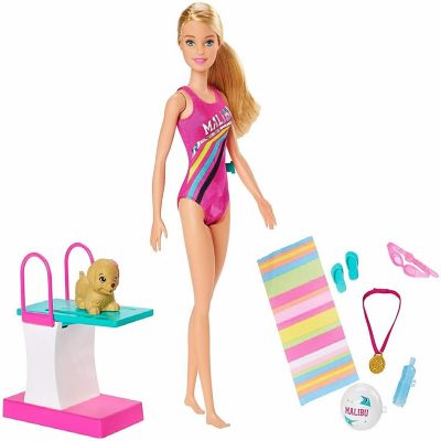 Barbie&#8482;  Dreamhouse Adventures Swim 'n Dive Doll, 11.5-Inch, in Swimwear, with Swimming Feature, Diving Board and Puppy, Image 1