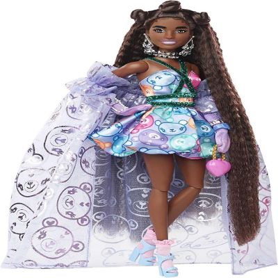 Barbie Extra Fancy Doll in Teddy-Print Gown eddy Bear Pet, Extra-Long Hair Image 1