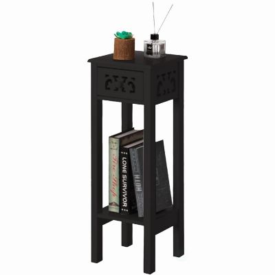 Basicwise Acacia Wood Slim Bedside Table with Minimalist Design and Space-Saving Functionality, Wood Drawer and Open Shelf Side Table, Black Image 1