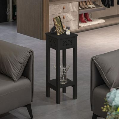 Basicwise Acacia Wood Slim Bedside Table with Minimalist Design and Space-Saving Functionality, Wood Drawer and Open Shelf Side Table, Black Image 2