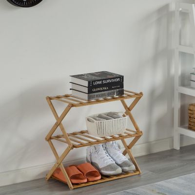 Basicwise Bamboo Foldable Shoe Rack, Free Standing Shoe Organizer Storage Rack, 3 Tier Image 1