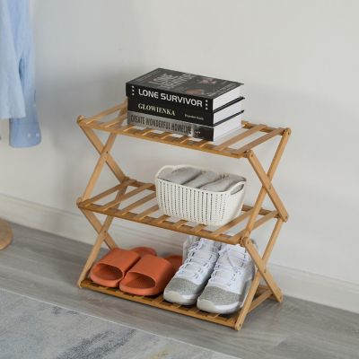 Basicwise Bamboo Foldable Shoe Rack, Free Standing Shoe Organizer Storage Rack, 3 Tier Image 2