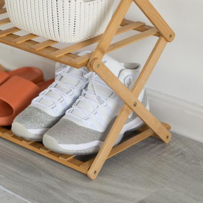 Basicwise Bamboo Foldable Shoe Rack, Free Standing Shoe Organizer Storage Rack, 3 Tier Image 3