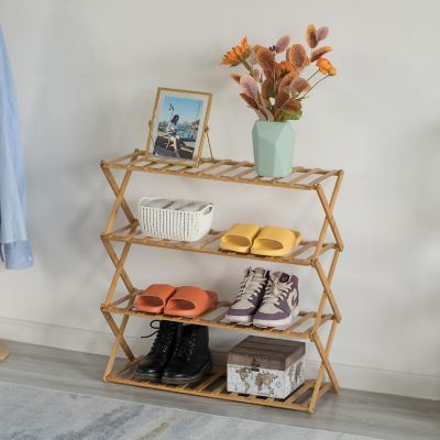 Basicwise Bamboo Foldable Shoe Rack, Free Standing Shoe Organizer Storage Rack, 4 Tier Image 1