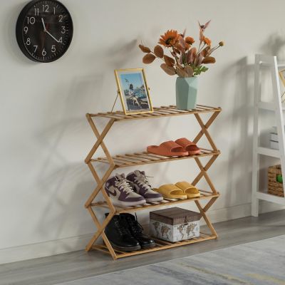 Basicwise Bamboo Foldable Shoe Rack, Free Standing Shoe Organizer Storage Rack, 4 Tier Image 2