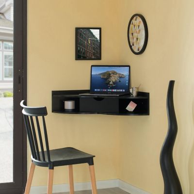 Basicwise Black Corner Desk Heart Shaped Wall Mounted Office Table with Drawer and Two Shelves Computer Writing Desk Image 1
