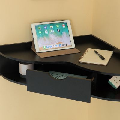 Basicwise Black Corner Desk Heart Shaped Wall Mounted Office Table with Drawer and Two Shelves Computer Writing Desk Image 2