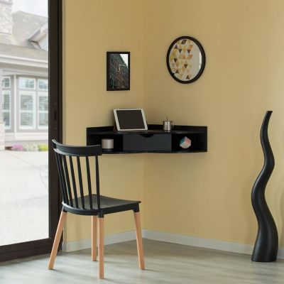 Basicwise Black Corner Desk Heart Shaped Wall Mounted Office Table with Drawer and Two Shelves Computer Writing Desk Image 3