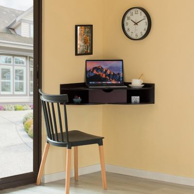 Basicwise Brown Corner Desk Heart Shaped Wall Mounted Office Table with Drawer and Two Shelves Computer Writing Desk Image 1