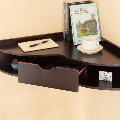 Basicwise Brown Corner Desk Heart Shaped Wall Mounted Office Table with Drawer and Two Shelves Computer Writing Desk Image 2