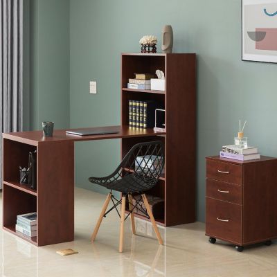 Basicwise Computer Writing Workstation Table with Combo Bookshelf Bookcase, Large Cherry Image 1