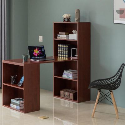 Basicwise Computer Writing Workstation Table with Combo Bookshelf Bookcase, Large Cherry Image 2