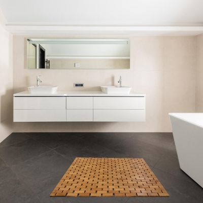 Basicwise Foldable Bamboo Bath Mat Natural Anti-Slip Rug, Flooring Solution for Stylish Bathroom and Vanity Decor Image 1
