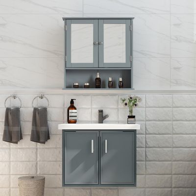 Basicwise Gray Mirror Wall Mounted Cabinet For the Bathroom and Vanity with Adjustable Shelves Image 1