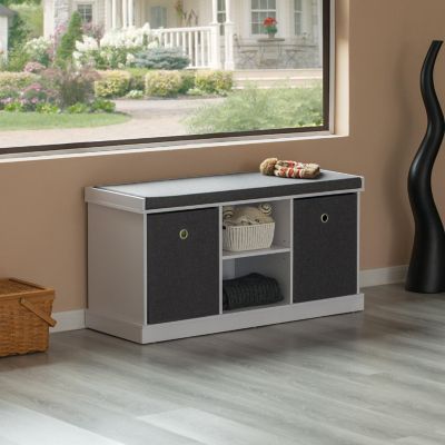 Basicwise MDF Storage Box Shoe Bench with 2 Shelves, Foldable Baskets and a Gray Cushion, White Image 1
