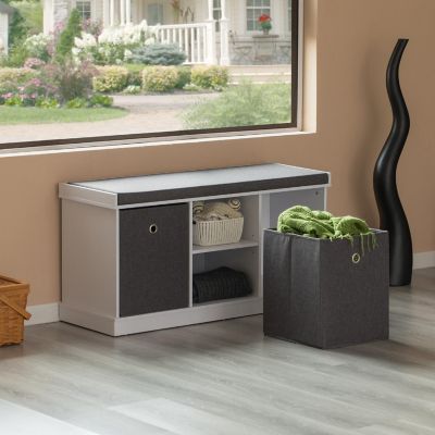 Basicwise MDF Storage Box Shoe Bench with 2 Shelves, Foldable Baskets and a Gray Cushion, White Image 2