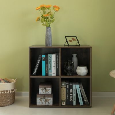 Basicwise Modern Wooden Toy Storage Bookshelf 4 Cube Organizer Square Bookcase, Walnut Image 1